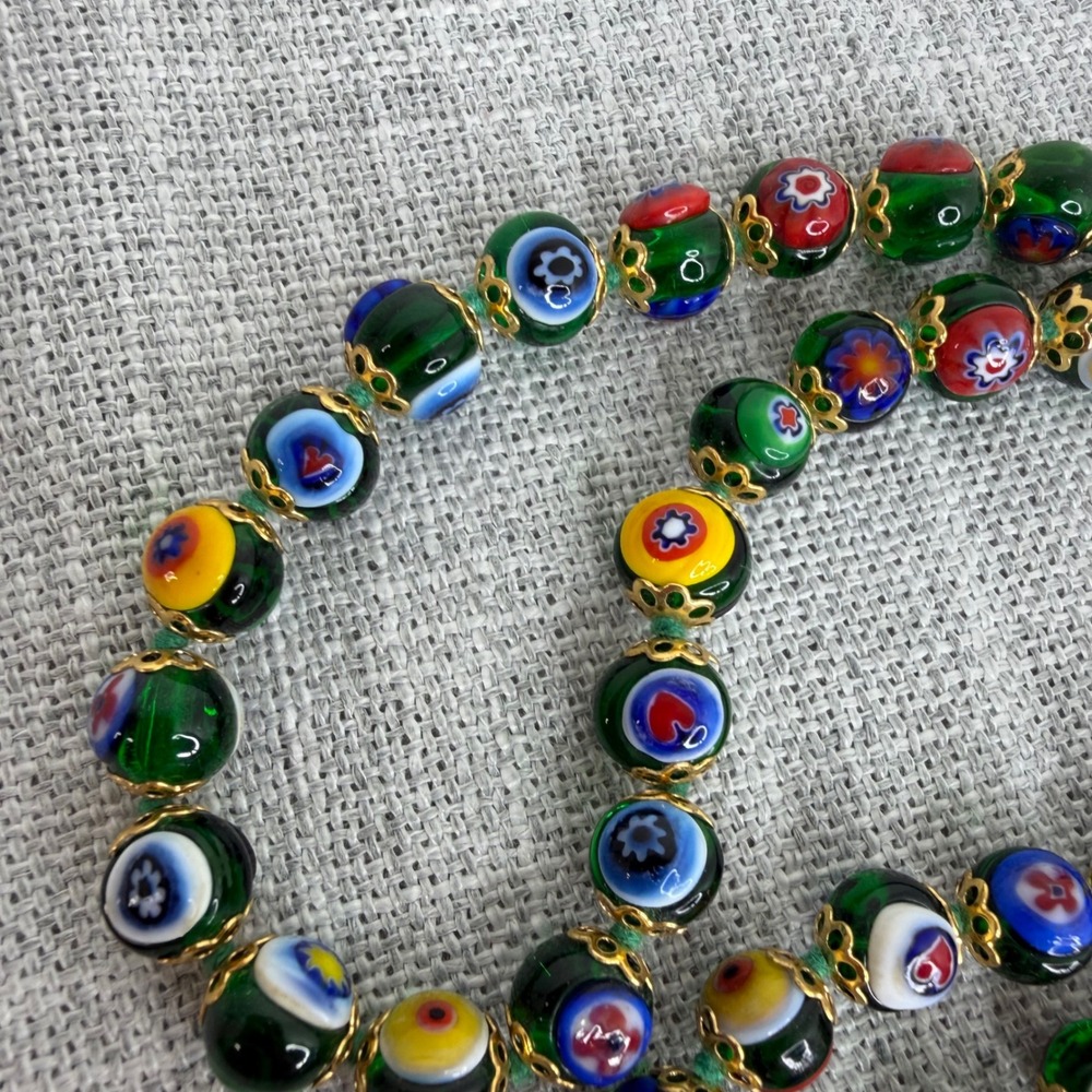 Millefiori Murano Glass Knotted Italian Floral Beaded Necklace 24" VTG - Picture 3 of 11